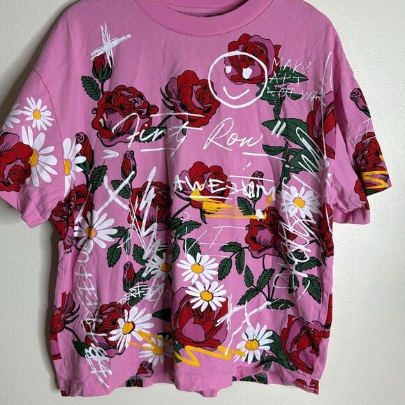 First row colorful floral roses daisy pink shirt size large - Picture 2 of 10